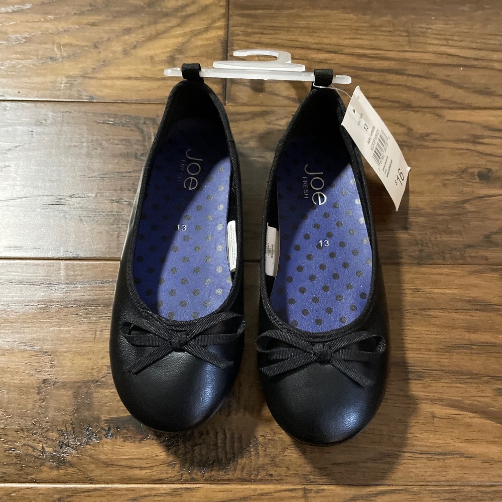 New kids ballet flats with bows black dress shoes size 13
